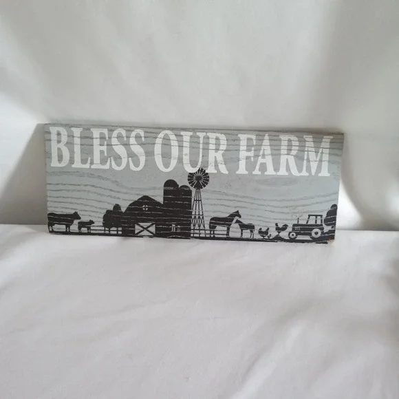 Bless Our Farm Rustic Wood Wall Sign Farmhouse Decor Grey 12x4.5 Inch