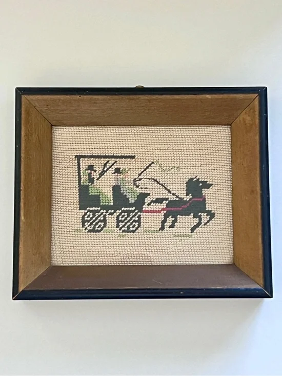 Vintage 50s Amish Needlepoint Horse-drawn Buggy or Carriage Framed Wall Art