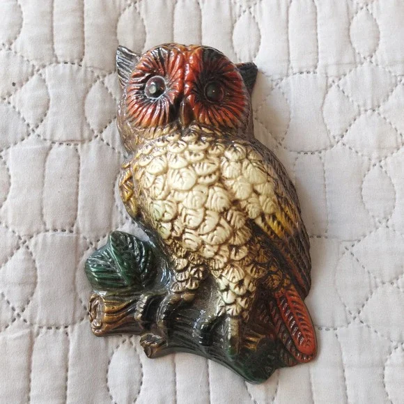 Vintage Ceramic Owl Wall Plaque 3D Textured Mid Century Woodland Decor 8x5 Brown