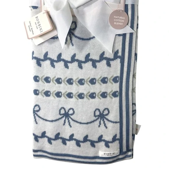 BONBINI New York Cotton Bamboo Baby Blanket‎ Blue Floral Bow Knit 0-6 Months