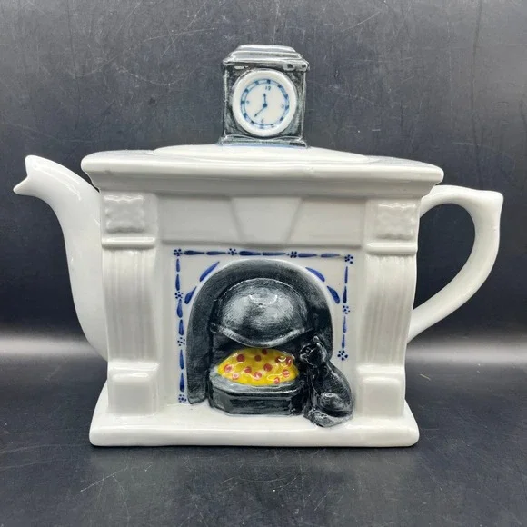 Vtg‎ Ceramic Fireplace Teapot Black Cat Mantel Clock Lid White 7