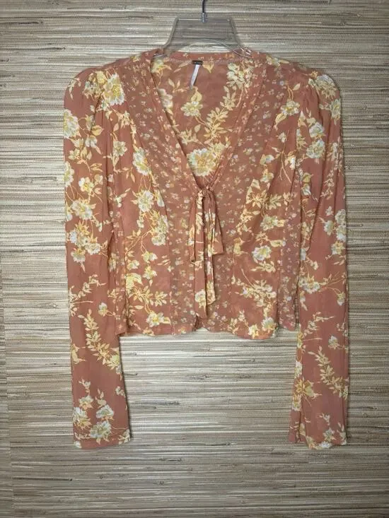 Free People Women’s Button Tie Floral Sheer Blouse Sz XS