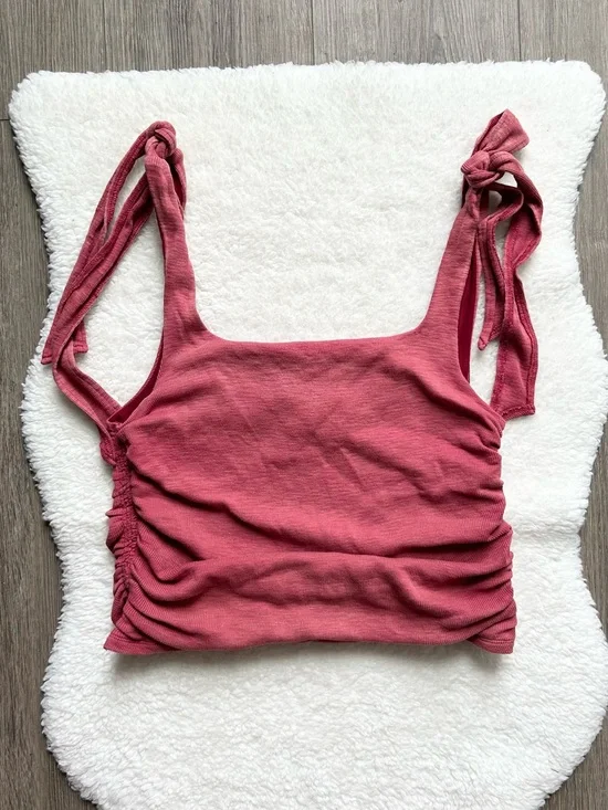 Free People Red Tie-Shoulder Ruched Boulevard Crop Tank Top