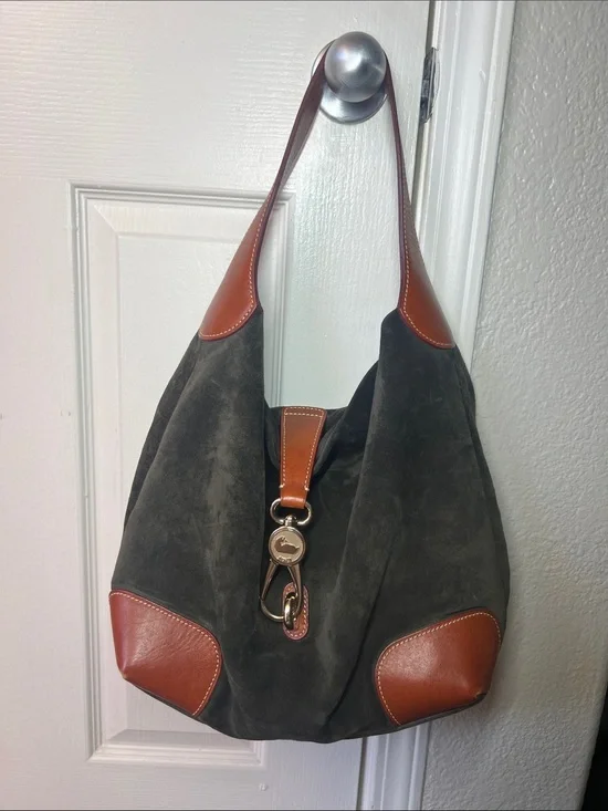 Vintage Dooney & Bourke Dark Olive Suede Hobo with Brown Leather Trim