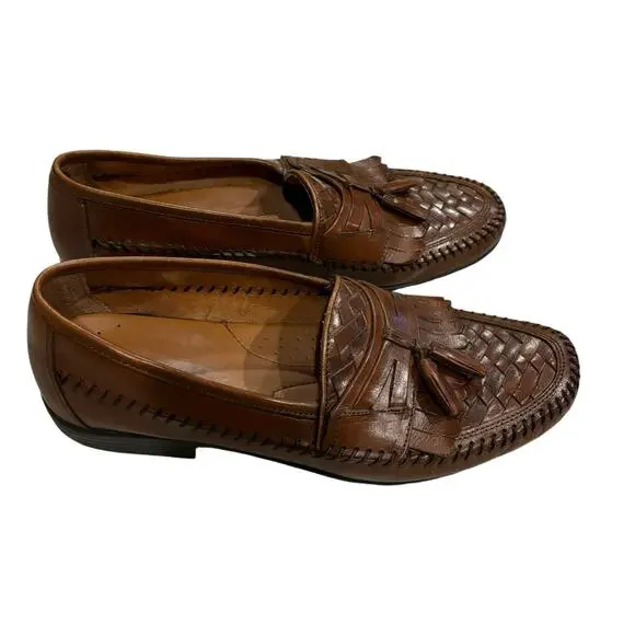 Hush Puppies Brown Leather San Remo Woven Tasseled Slip on Dress Shoes Size 9.5M