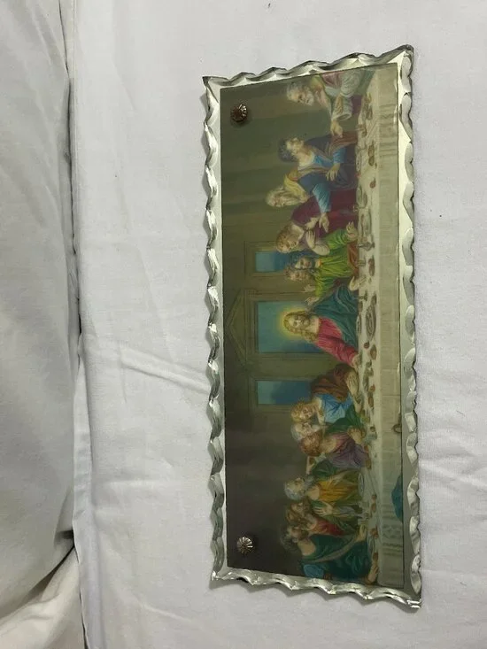 Vintage Last Supper Reverse Painted Glass Wall Plaque Scalloped Beveled Glass 10