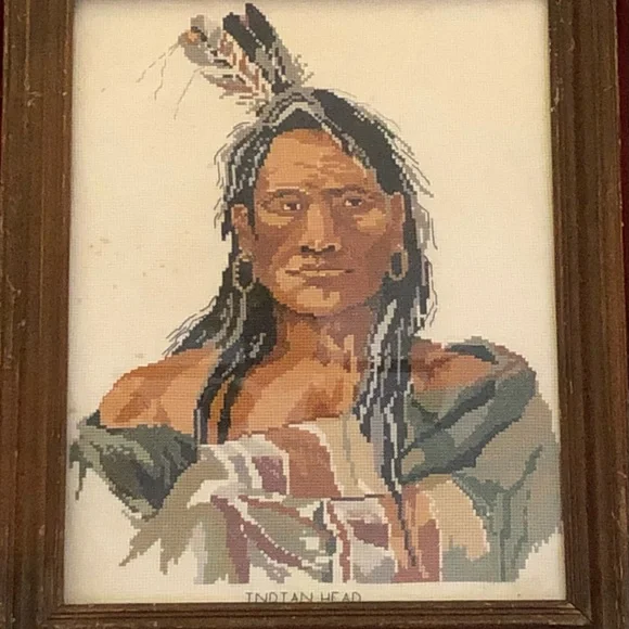 Vintage Framed Cross-Stitch Portrait of Native American Man