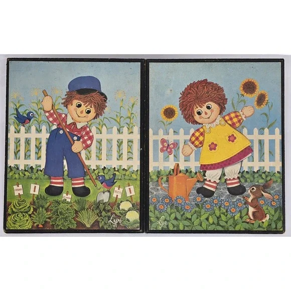 2 Lot Of VINTAGE Raggedy‎ Ann & Andy Wooden Pictures Wall Hanging 1970s