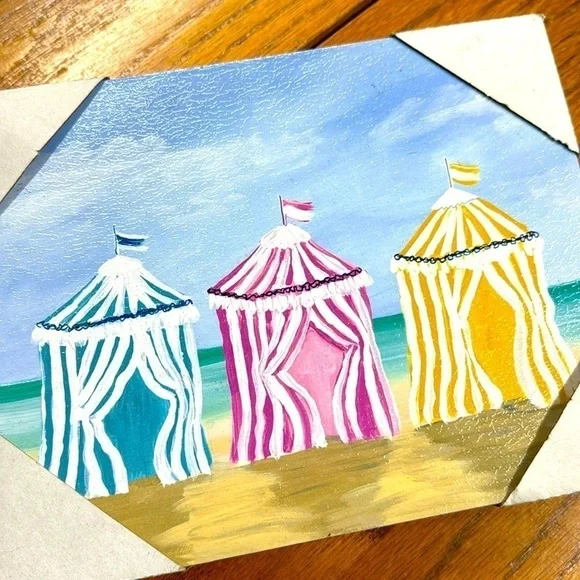 Beachside cabana painting wall hang blue sky sands beach front decor NEW