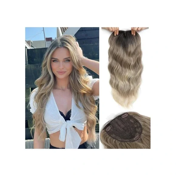 20 Inch Wavy Hair Topper‎ Ombre Blonde Dark Roots 360 3D Silk Base Clip In Bangs
