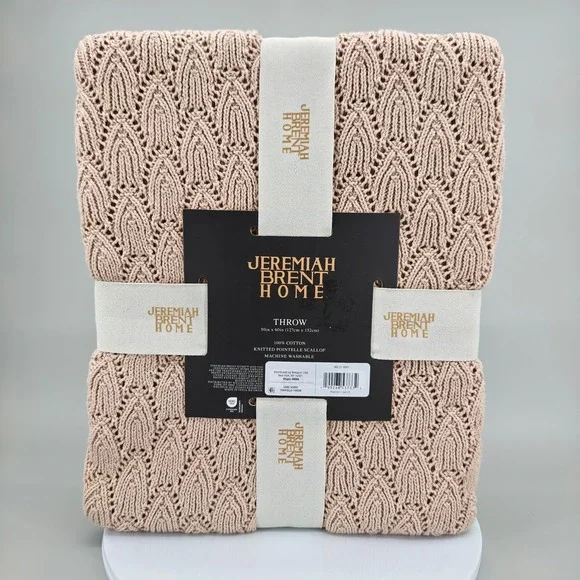 Jeremiah Brent Home Knitted Pointelle Scallop Throw Sand 50x60 100% Cotton NWT