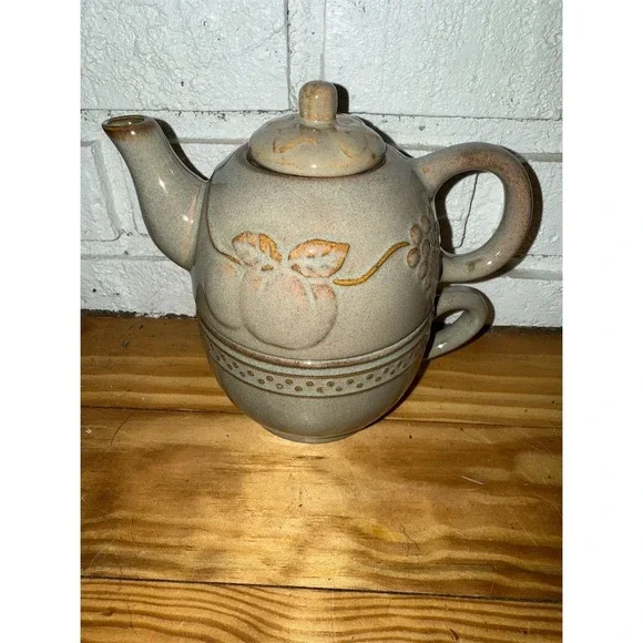 Vintage Stoneware Teapot & Cup Set for one Embossed fruit and‎ vine Design