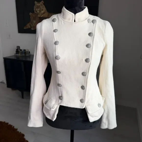 Free People We The Free Button Women's 8 Cream Moto Military Jacket Grunge