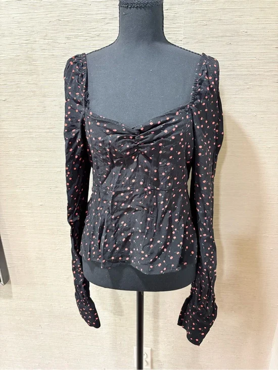 Free People Black Long-Sleeve Polka Dot Sweetheart Neck Top