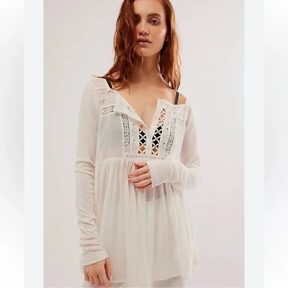 Free People Pretty Please White Lace Henley Tunic