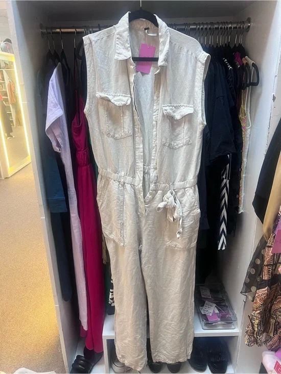Free People, Linen Sleeveless Cream Jumpsuit