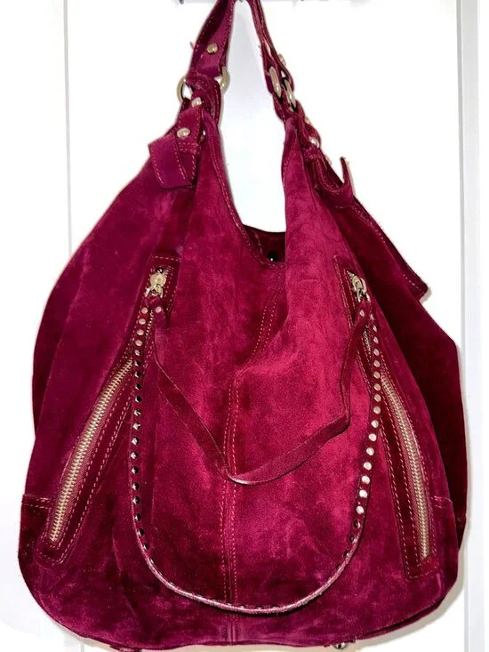 Via Repubblica Large Burgundy Suede Hobo Bag Studded Zip Pocket Shoulder Purse