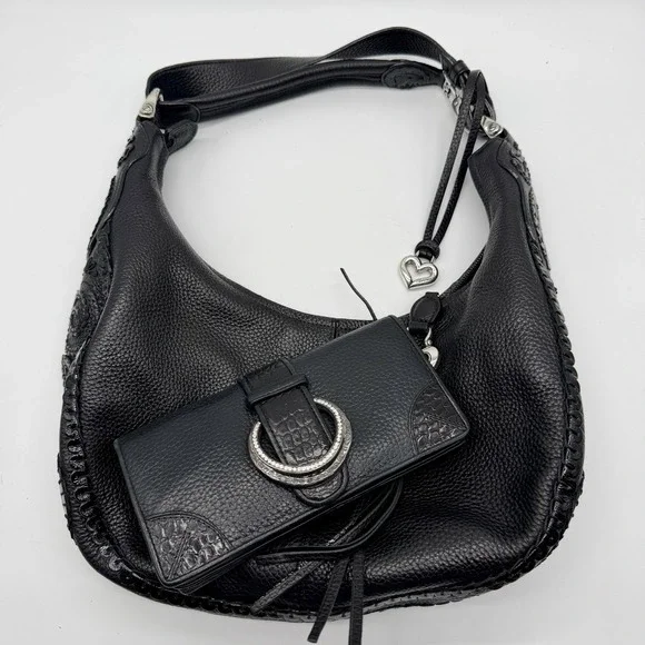 Brighton Black Pebbled Leather Hobo Shoulder Bag & Matching Wallet Heart Charm