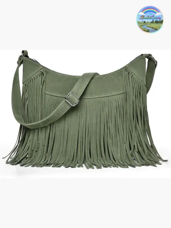 Vintage Suede Fringe Hobo Bag Crossbody Tassel Shoulder Purse