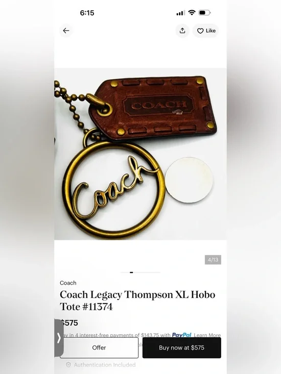 ‼️ISO‼️ Coach Brass-Tone Logo Keyring with Brown Leather Tote 11374