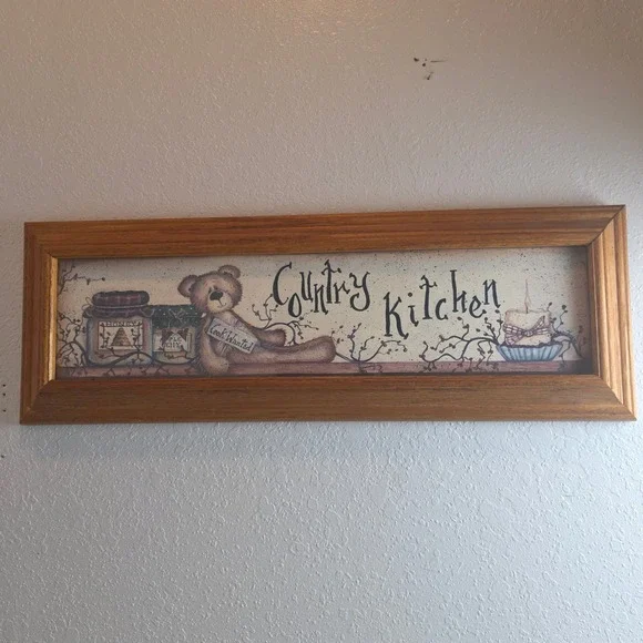 Vintage Mary Ann June Country Kitchen Oak Framed Art Primitive Teddy‎ Bear