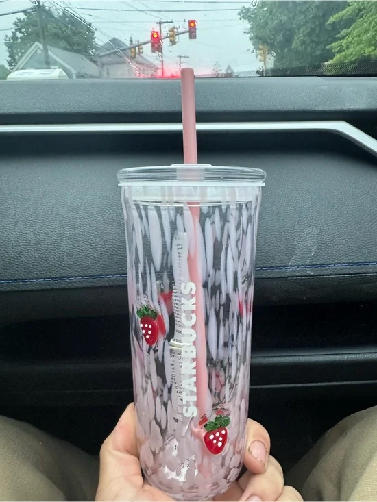 Starbucks Pink & White Strawberry Pattern Glass Tumbler Limited Edition