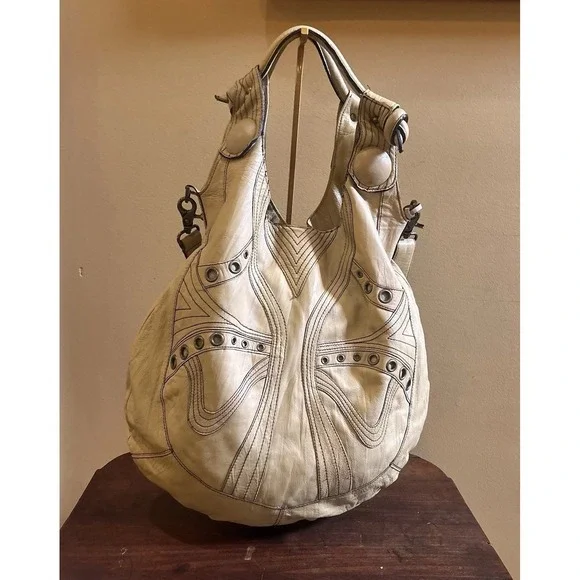 Betsey Johnson Vintage Leather Hobo Tote Bag Beige Studded Boho Shoulder Purse
