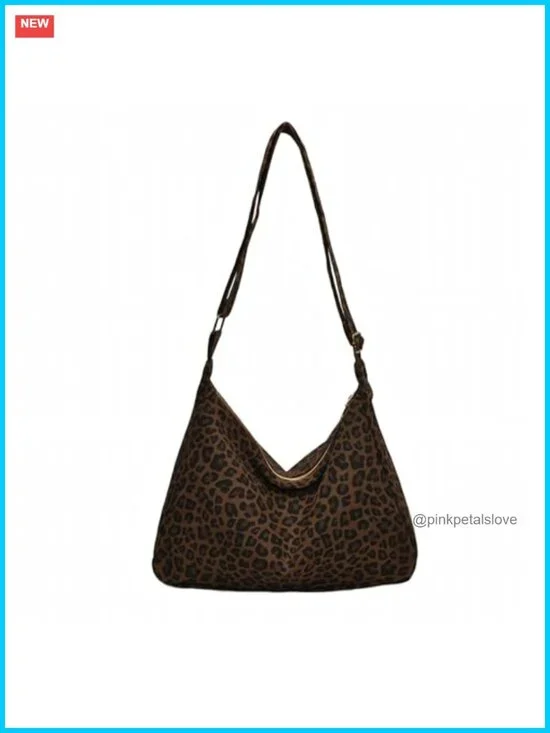 Canvas Hobo Shoulder Bag with Zipper, Trendy Animal Print Tote, Lightweight