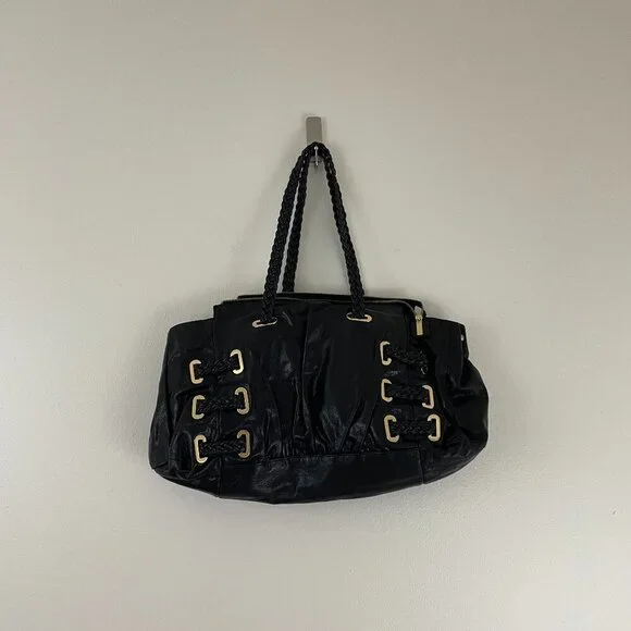 Treesje Black Leather Large Hobo Satchel Bag