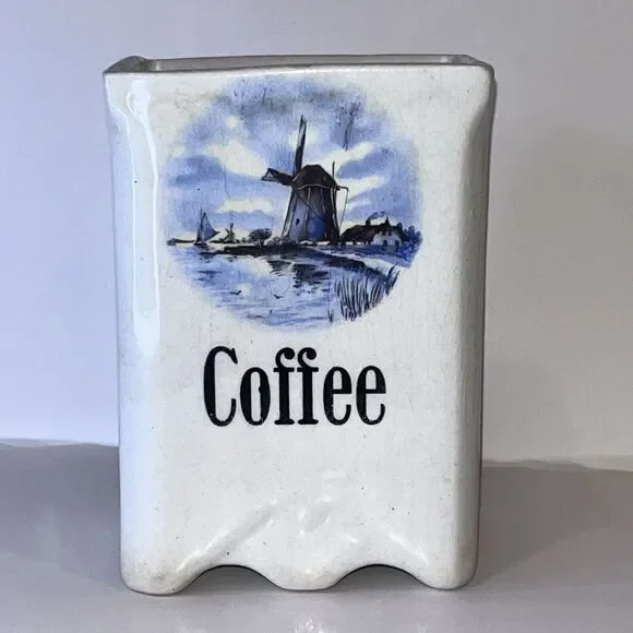 Vintage‎ Square Ceramic Coffee Cannister Blue & White Windmill 6