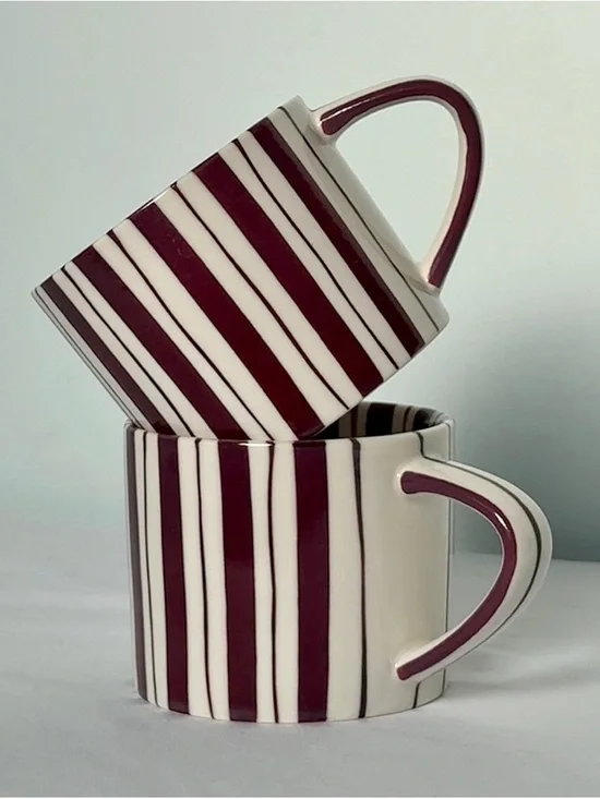 Noon &‎ Moon Cherry Lacquer Striped Espresso Cups Set of 2 Demitasse NWOB
