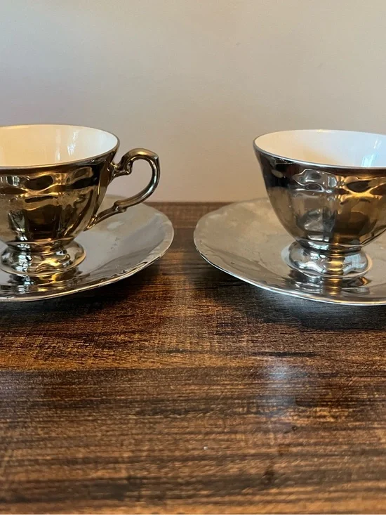 J. Kronester Bavaria Porcelain Silver White Germany 2 demitasse cups saucers