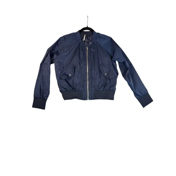 Free People Navy Blue Satin Bomber Jacket Full Zip Ribbed Trim XS