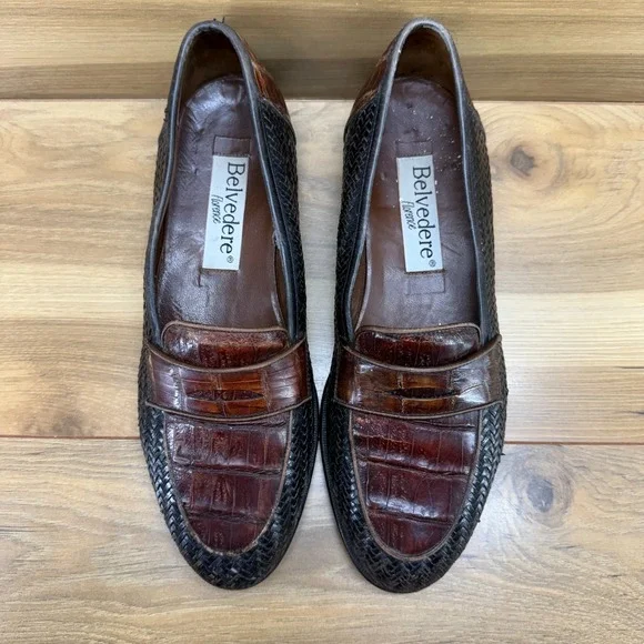 Belvedere Crocodile Woven Penny Loafers Mens 8.5 M Brown Black Slip On Modern