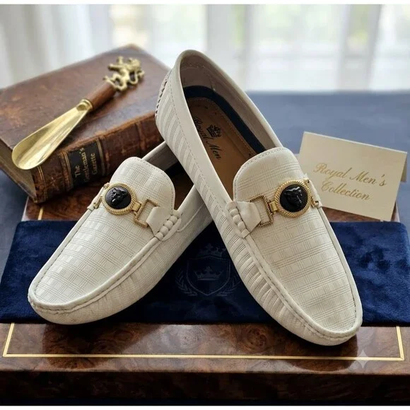 Royal Mens Driver Loafers 9.5 White Leopard Medallion Bit Slip On Moc Toe Casual
