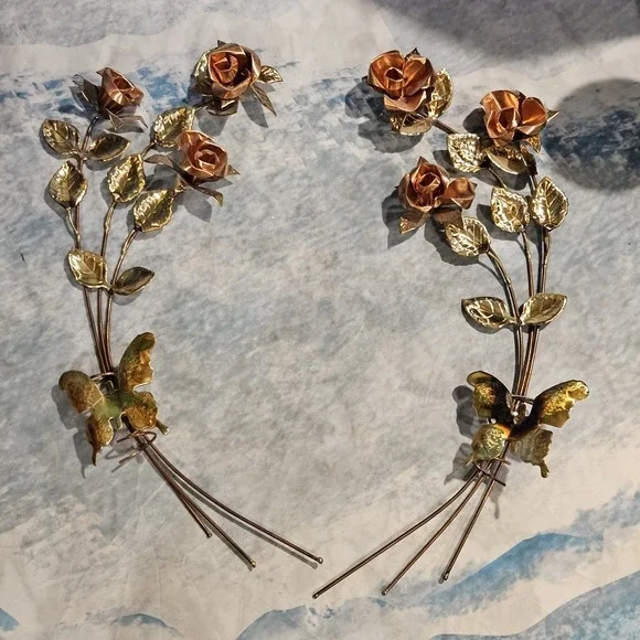 Vintage Metal Rose Wall Decor Gold Copper Butterflies Floral Hanging 20