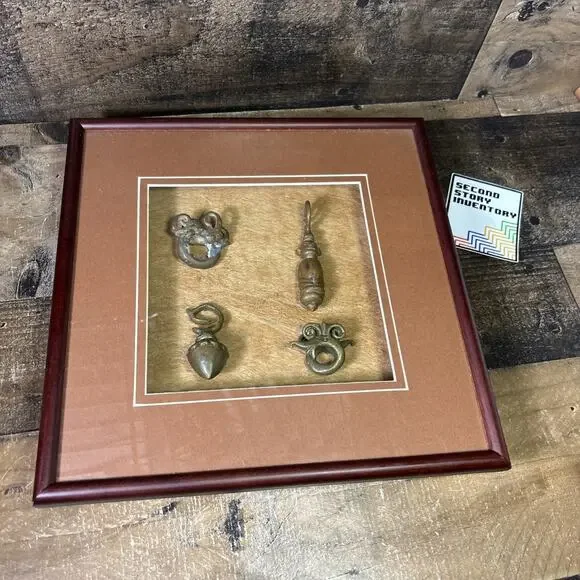 Antique Brass Tribal Dayak Ear Weights Collection Shadowbox Frame Wall Decor