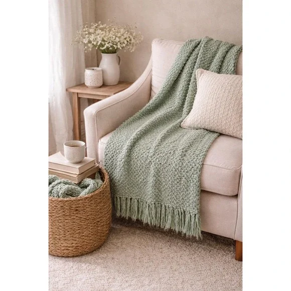 Sage Green Knit Throw Scarf Decorative Bed Runner Fringe Cottagecore Cozy Home