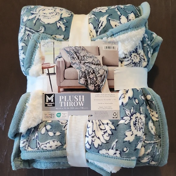 Blue and White Plush Throw Blanket