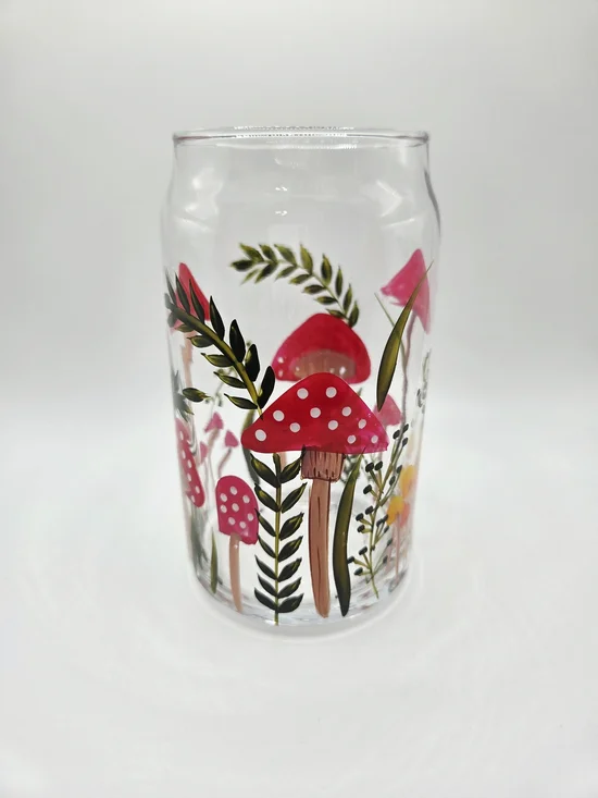 Hand-Painted Mushroom Glass Tumbler - Stylish Coffee & Tea Accessory