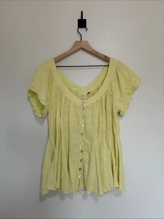 Free People Woven Knit Swing Oversized Button-Up Pleated Shirt Yellow Medium