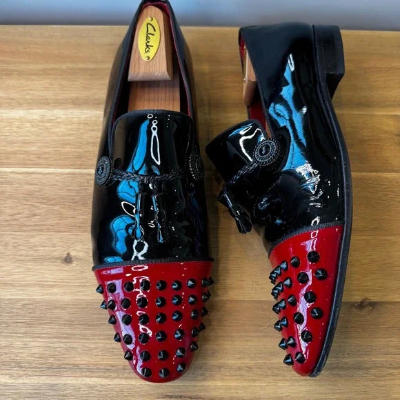 Vercini Men EU 43 Black Red Studded Spiked Patent Leather Loafers Tassel Shoes