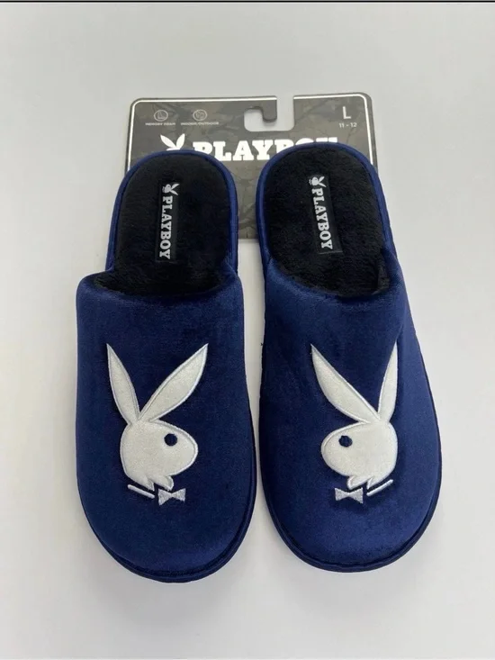 PLAYBOY Memory Foam Indoor Outdoor Navy Blue/White Slippers Mens Sz L