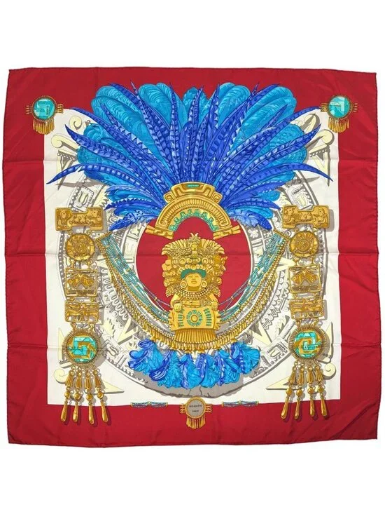 Hermes Carre 90 Mexique Big Buddha Carnival Scarf Silk Red Blue Multicolor