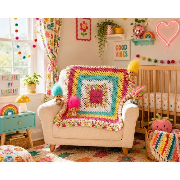 Vintage Granny Square Crochet Baby Blanket Pastel Rainbow‎ Cottagecore 29x30