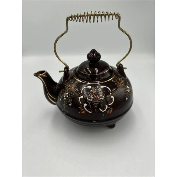 VTG Japanese Brown Moriage Floral Teapot w/ Metal Spring Handle Ceramic 3 Footed
