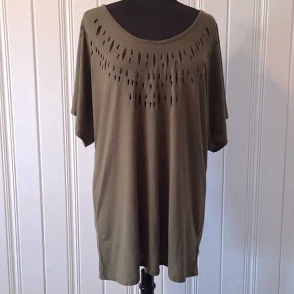 Vintage Boho Free People Olive Laser Cut Dolman Oversized Top