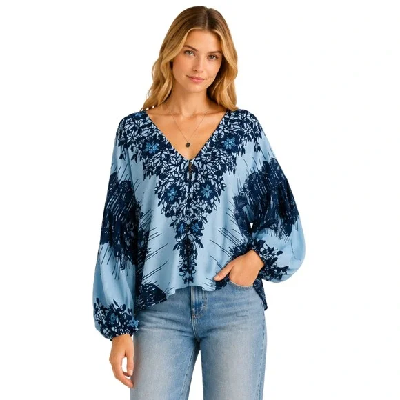 Free People Top XS Blue Birds of a Feather Floral Balloon Sleeve Boho Oversized
