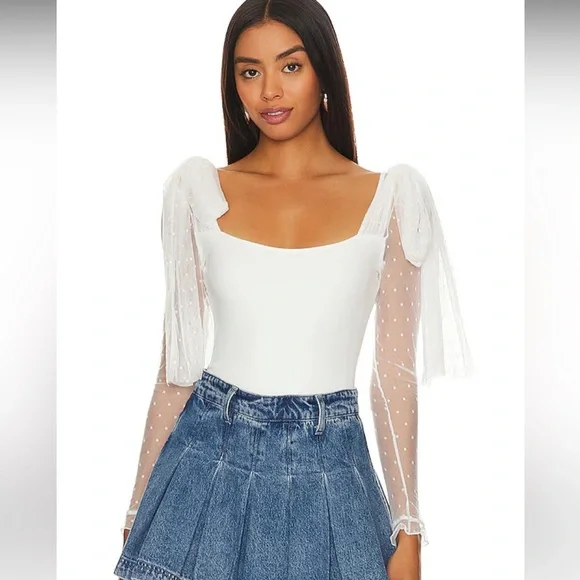 Free People Tongue Tied Bodysuit Chiffon Sheer Sleeves NWT Size XS