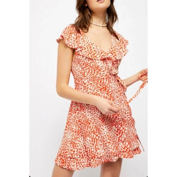 Free People French Quarter Orange Abstract Ruffle Wrap Mini Dress Medium NWT